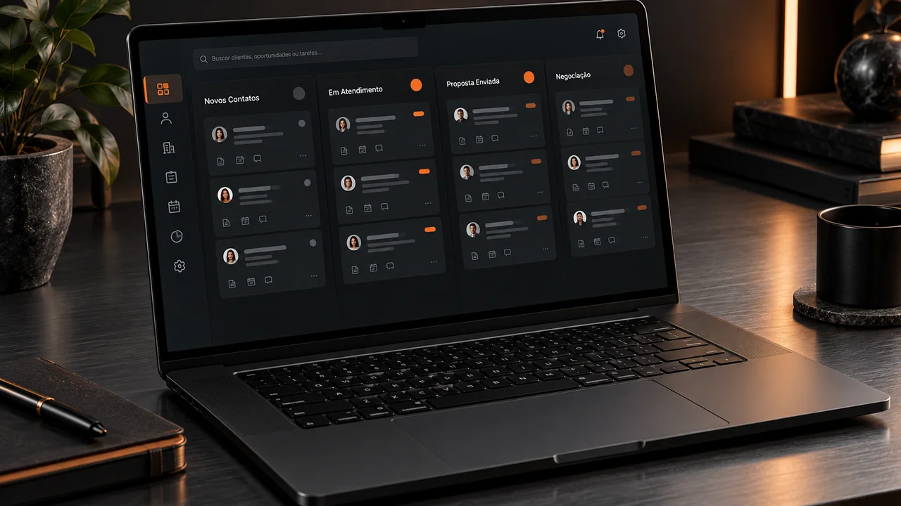 Capa ilustrativa de um CRM em um notebook, em preto e laranja queimado